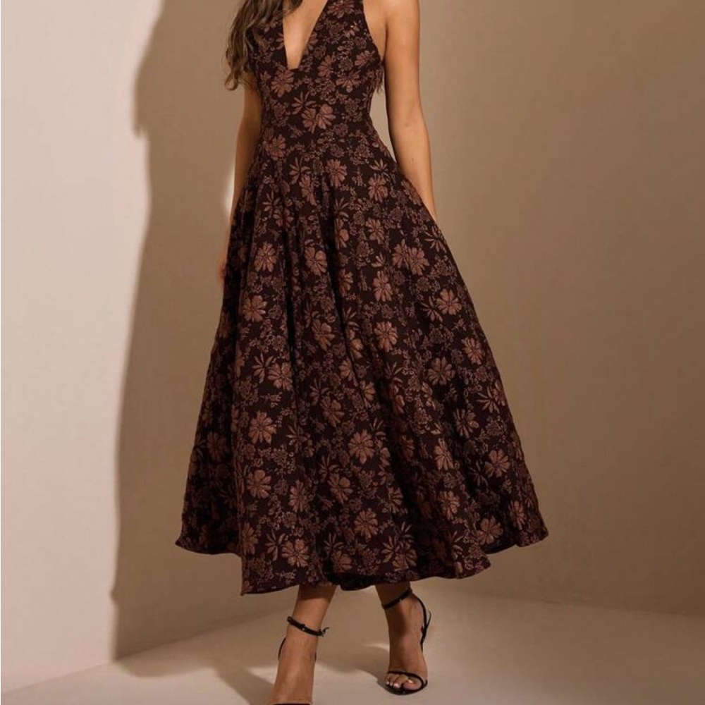 Corset Halter Floral Midi Dress in Brown
